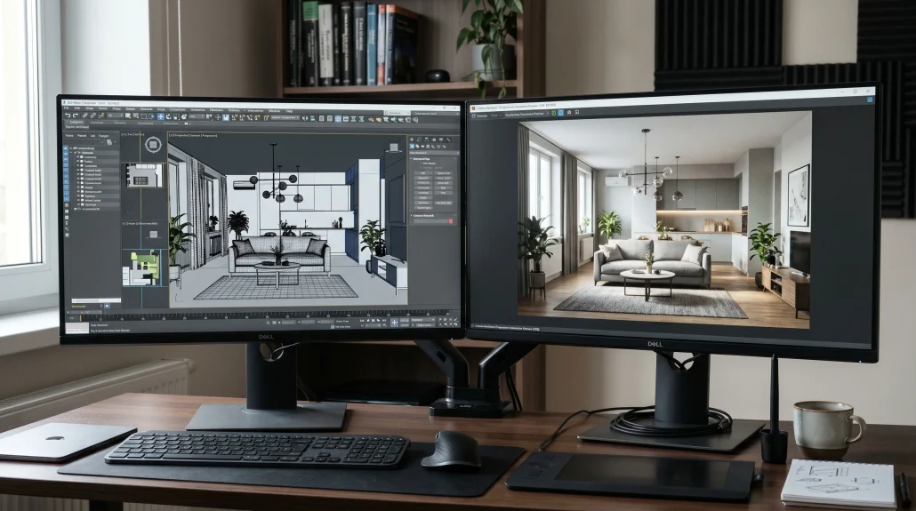 3ds Max and Corona Renderer workspace used in architectural animation production
