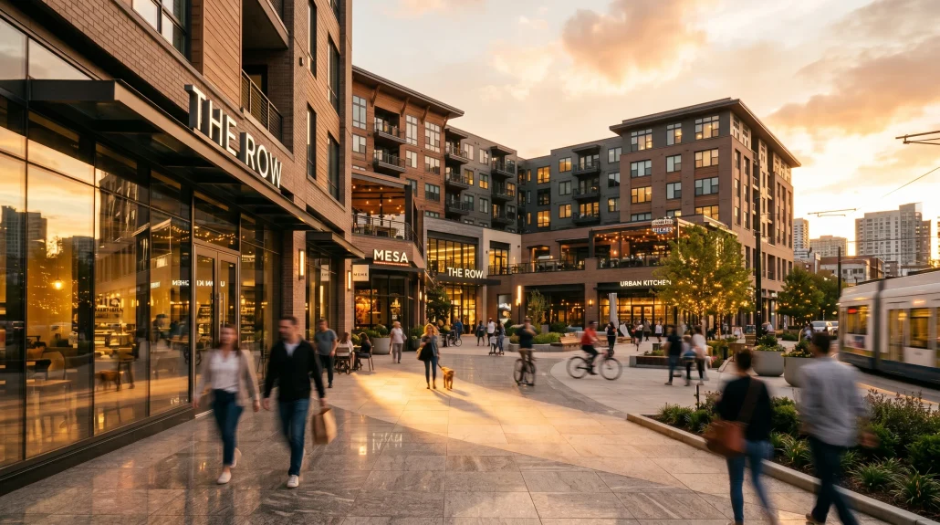Cinematic frame from a 3D architectural animation showing a mixed-use development at golden hour