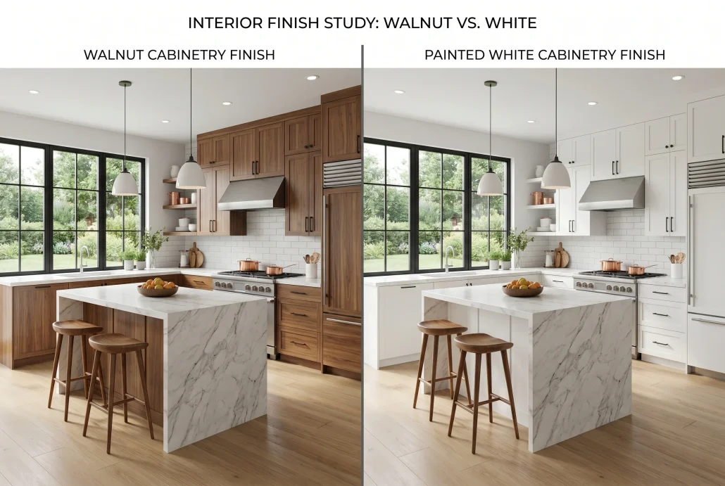 Two photoreal renderings of the same kitchen shown with walnut and white cabinetry options