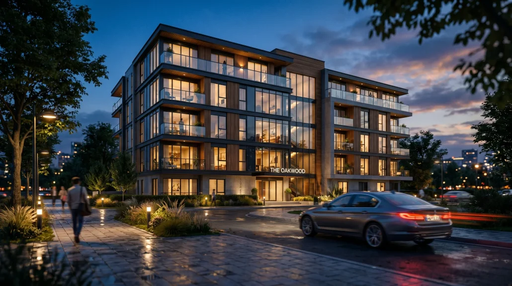 Dusk exterior render of a modern residential building, representing a frame from a 3D architectural animation walkthrough.