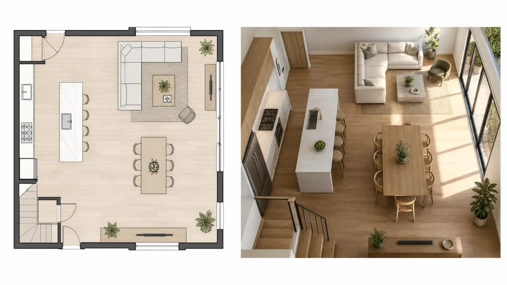 Comparison between a 2D floor plan and a photoreal 3D interior render of the same residential space