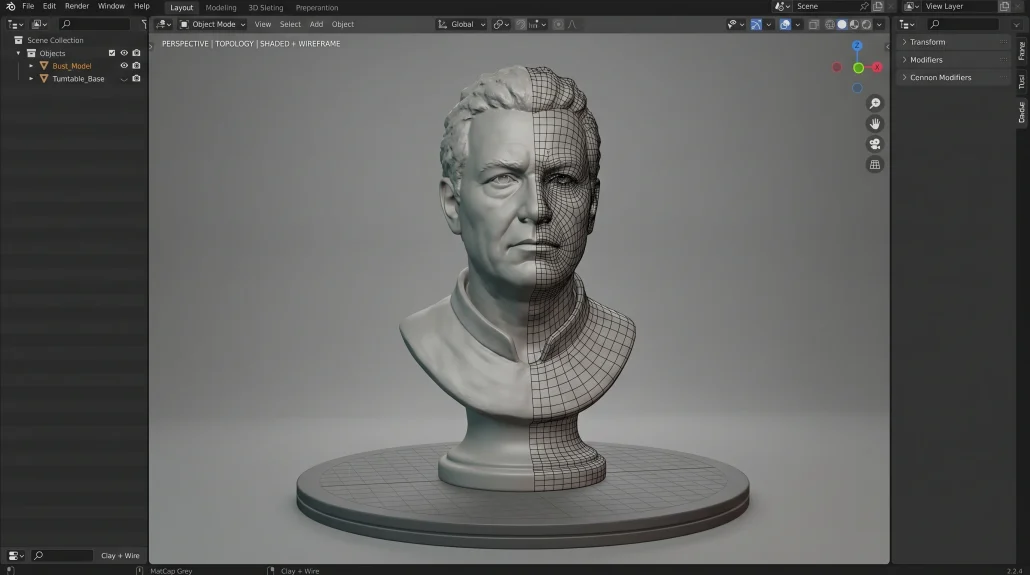 Wireframe and clay render of a 3D portrait bust prepared for 3D printing