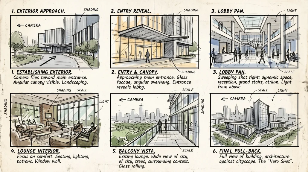 Storyboard sequence for an architectural animation flythrough, six rough panels
