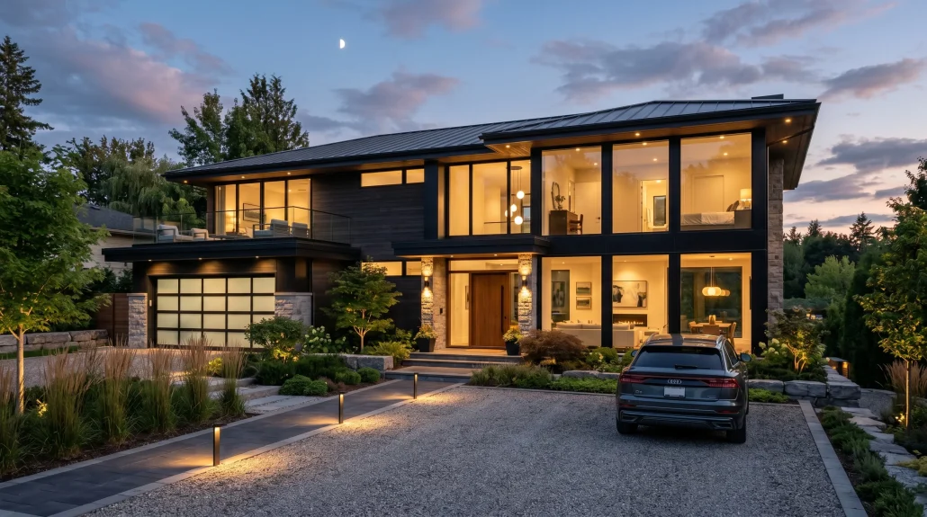 Dusk exterior rendering of a modern custom home with warm interior lighting