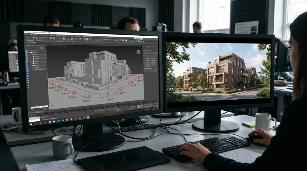 Split view of a 3ds Max clay-pass animation viewport next to the final color-graded render of the same camera shot