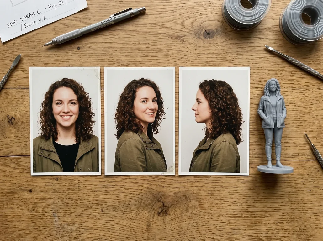 Reference photos of a person laid out next to a small printed figurine