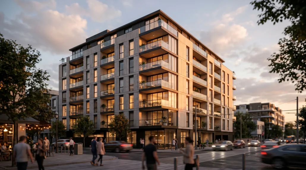 Photoreal 3D exterior render of a modern residential building at golden hour illustrating advantages of architectural visualization