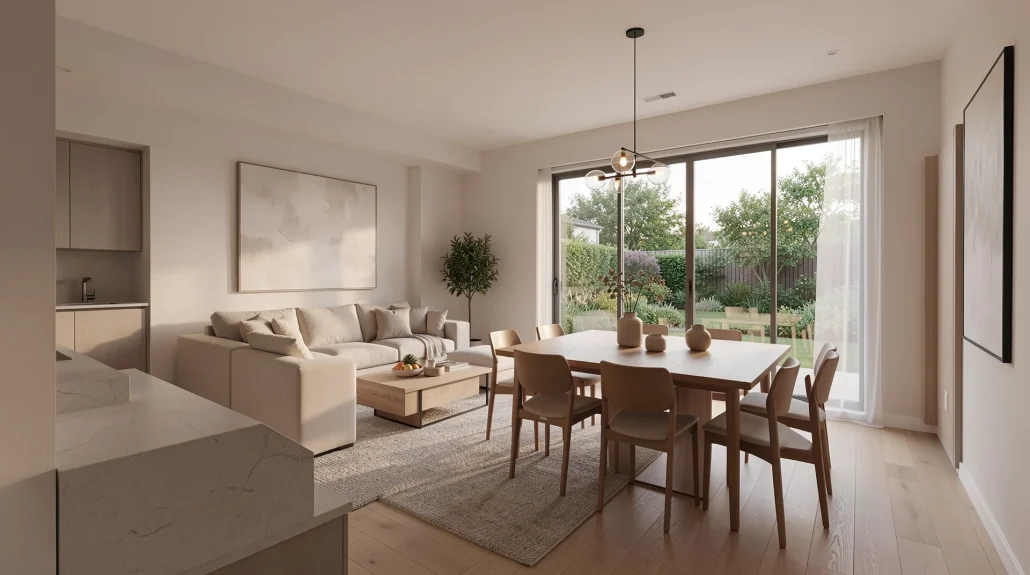 Interior rendering of an open-plan living and dining area in a contemporary home
