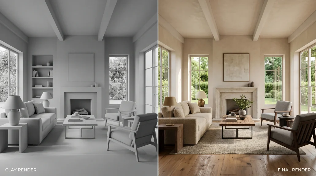 Side-by-side comparison of a clay-render preview frame and the final photoreal animation frame of an interior space