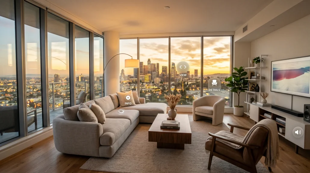 Photoreal interior render of a modern apartment with 360 panoramic walkthrough hotspots overlaid on the scene