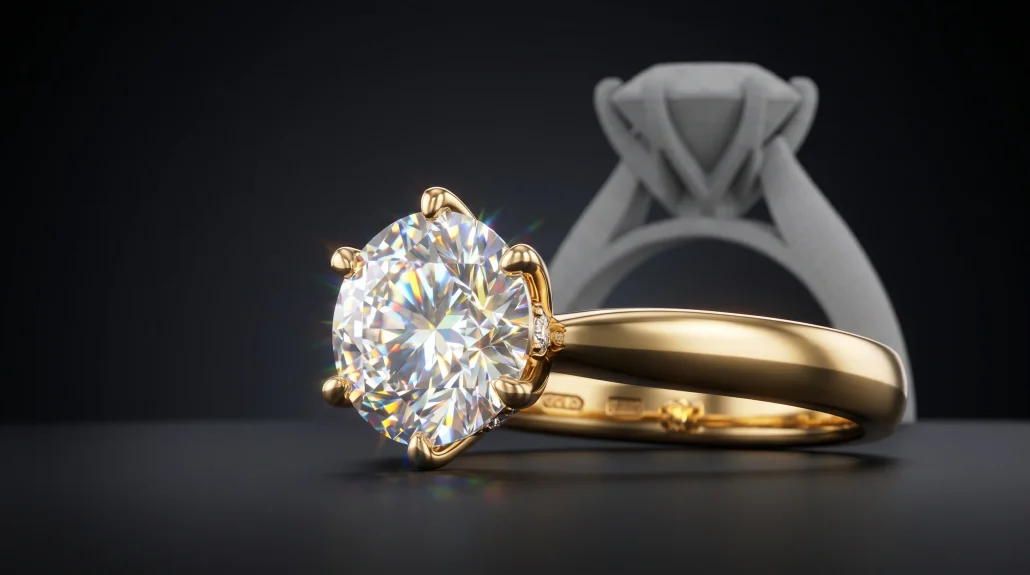 Photoreal 3D render of a gold diamond ring on a dark studio background