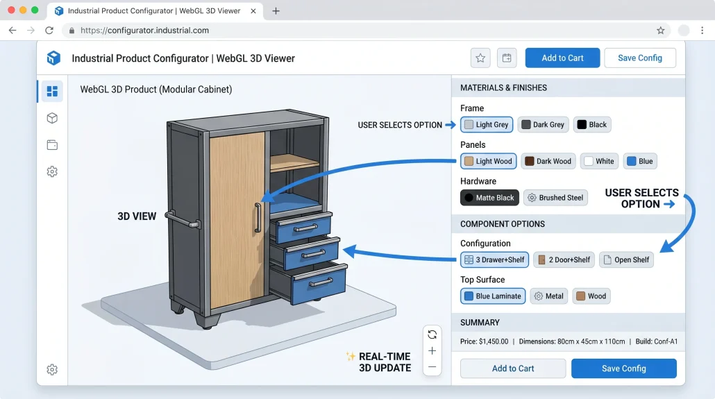 Diagram of a WebGL 3D product configurator interface with live material and option swapping