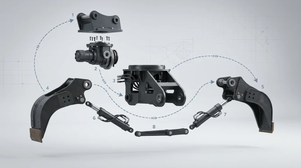 Exploded-view still from a 3D product explainer animation showing an industrial attachment with components separating