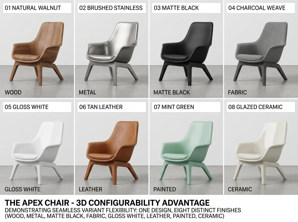 Single product rendered in eight material and color variants showing 3D visualization flexibility