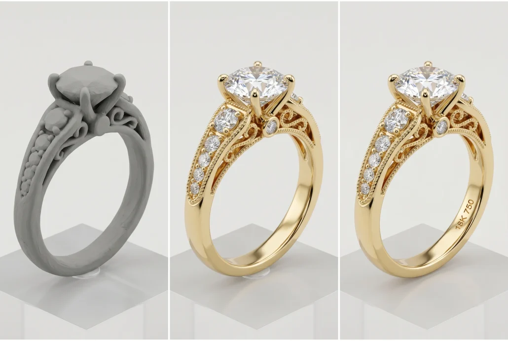 Three-stage progression of a 3D jewellery model: clay model, textured, and final render