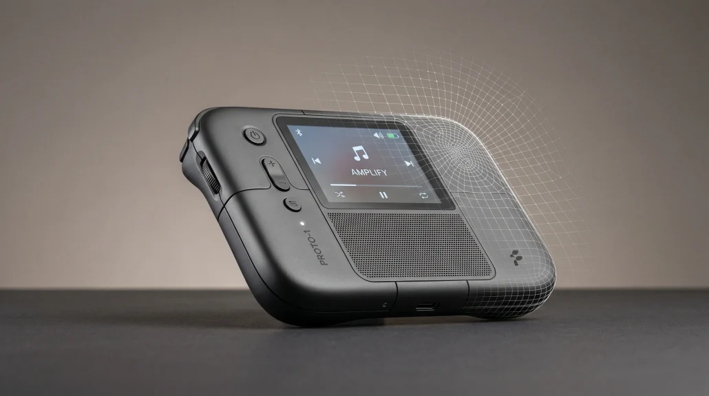 Photoreal render of a 3D prototype design for a consumer electronics product with wireframe overlay