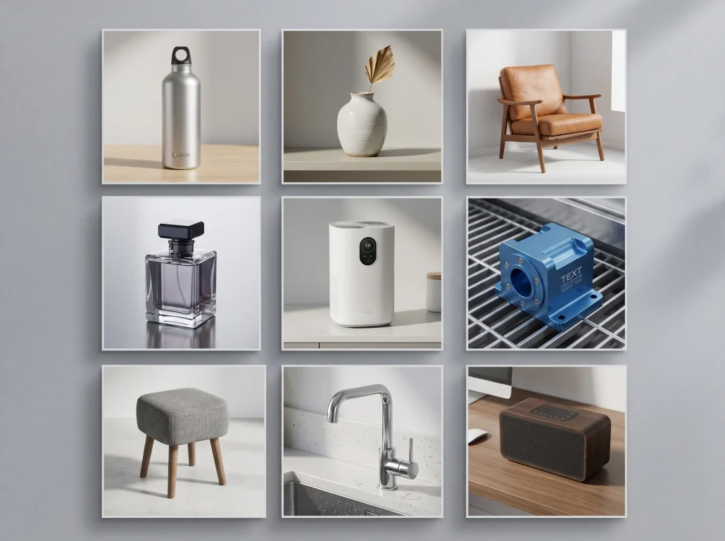 A grid of product CGI thumbnails showing material range and lighting consistency across a 3D visualization portfolio