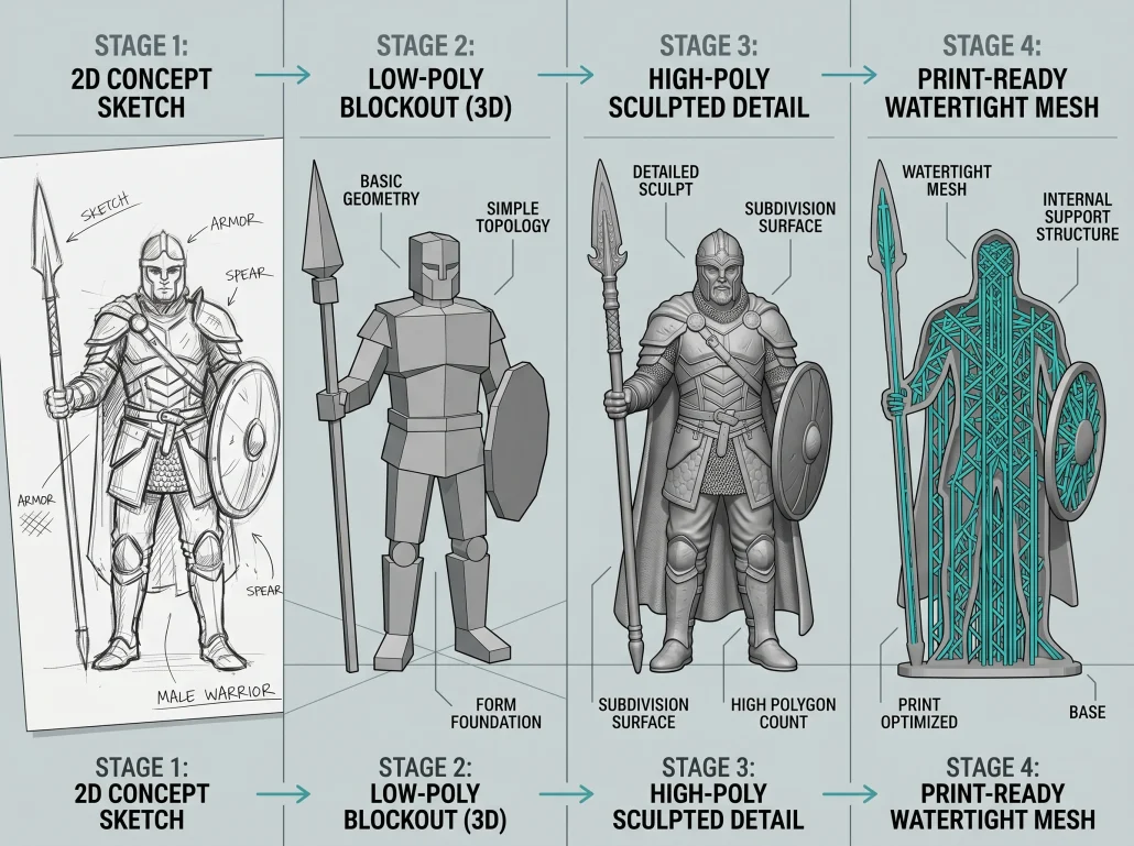 Diagram showing four stages of preparing a character model for 3D printing