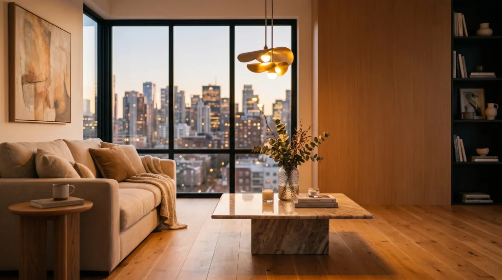 Photoreal 3D interior visualization of a modern living room rendered at evening with warm lighting