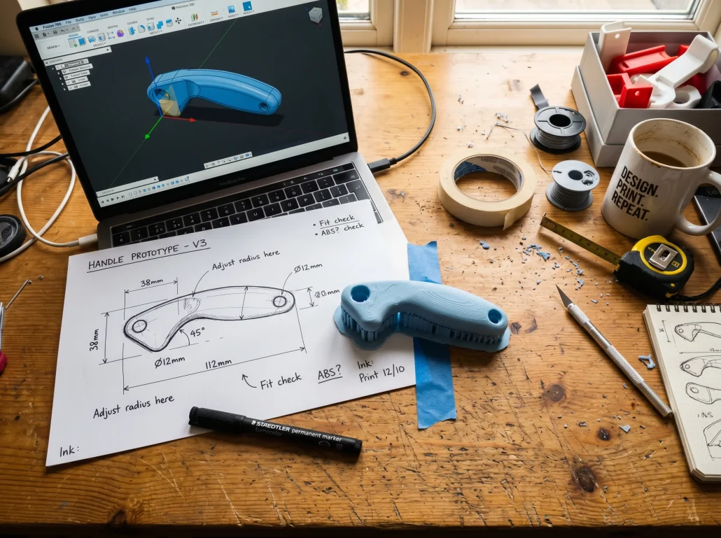 Designer workspace with a 3D printed prototype, dimensioned sketch, and 3D modeling software on screen