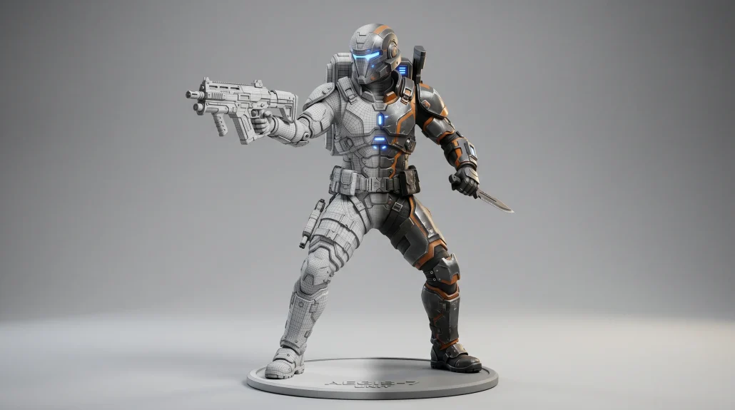 Action figure 3D model shown half as wireframe, half as finished sculpt on a neutral studio backdrop
