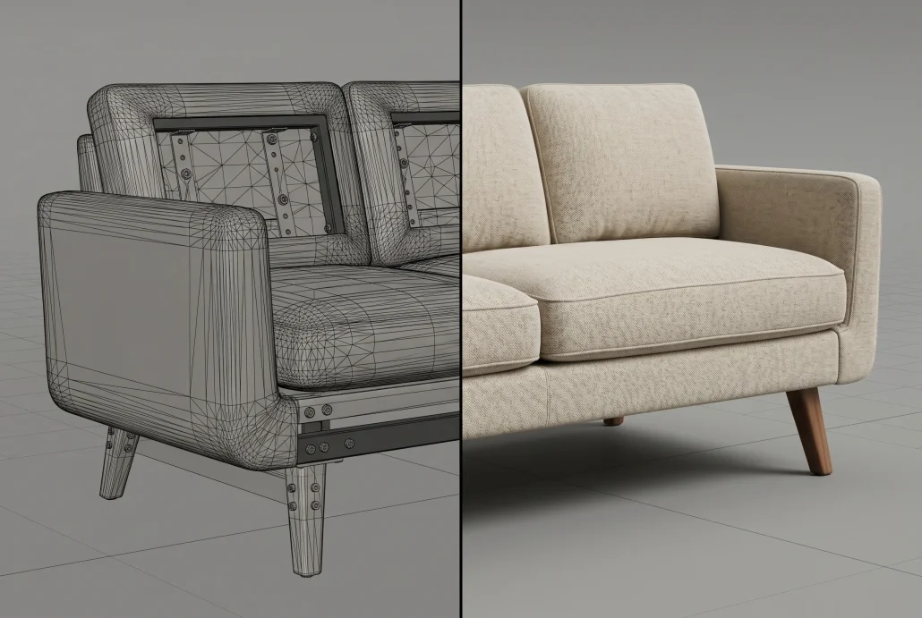 Comparison of raw CAD furniture geometry versus cleaned render-ready 3D furniture model