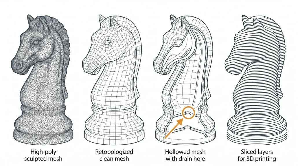 Diagram showing the four stages of preparing a 3D model for printing: sculpt, retopology, hollowing, slicing
