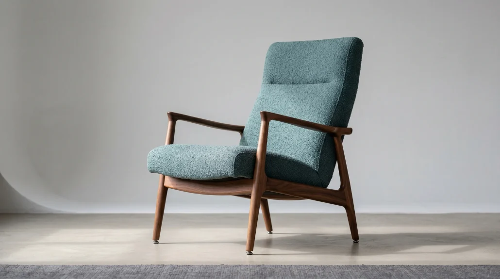 Photoreal 3D render of a teal bouclé lounge chair on a neutral studio background
