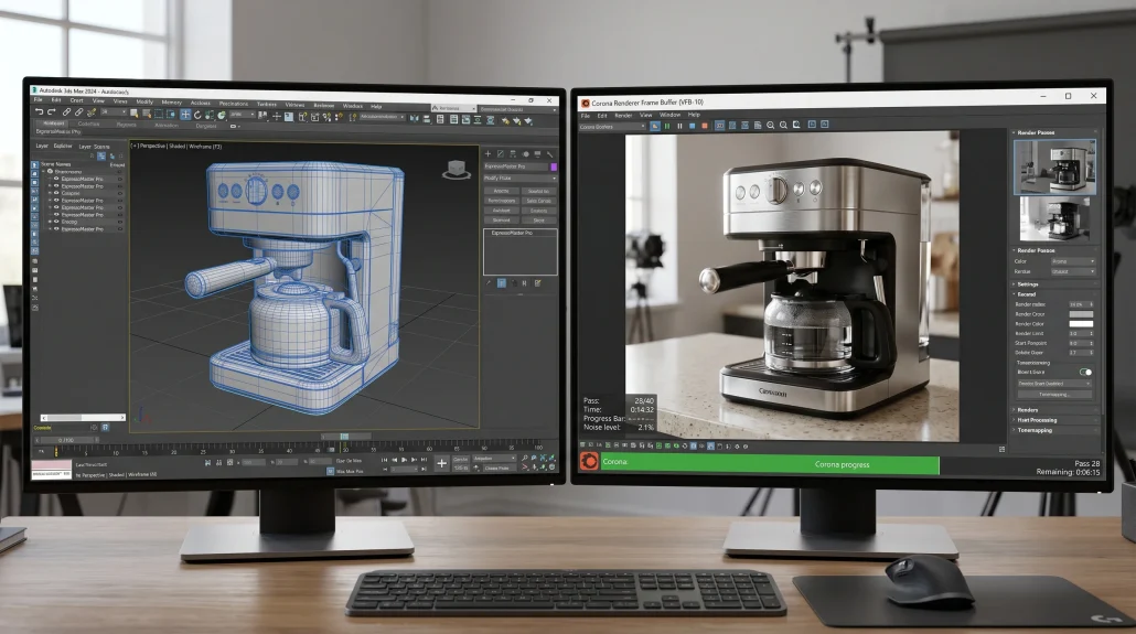 3ds Max viewport and Corona Renderer frame buffer showing a product animation in production