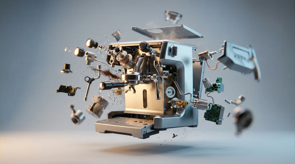 Exploded-view CGI frame from a 3D product animation showing components separating against a studio backdrop