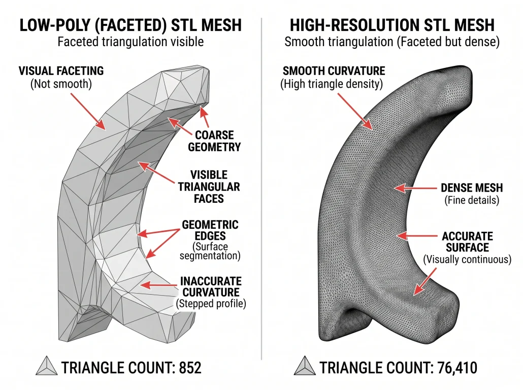Diagram comparing low-resolution and high-resolution STL mesh exports of the same curved object