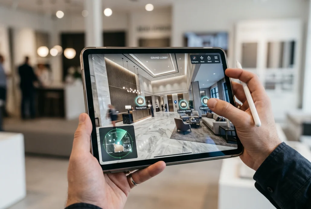 Tablet displaying an interactive 3D walkthrough of a hotel lobby with map and hotspot UI
