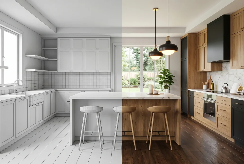 Comparison of a clay model render and a finished photoreal render of the same kitchen interior