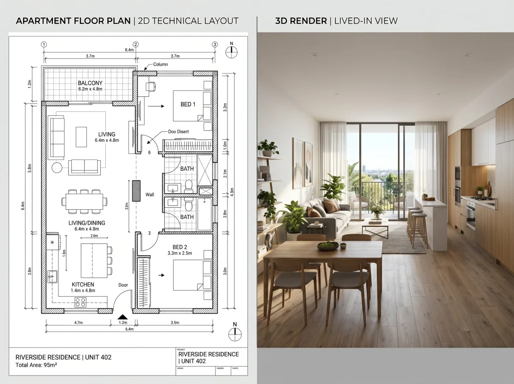 Comparison between a flat 2D floor plan and an immersive 3D walkthrough view of the same room