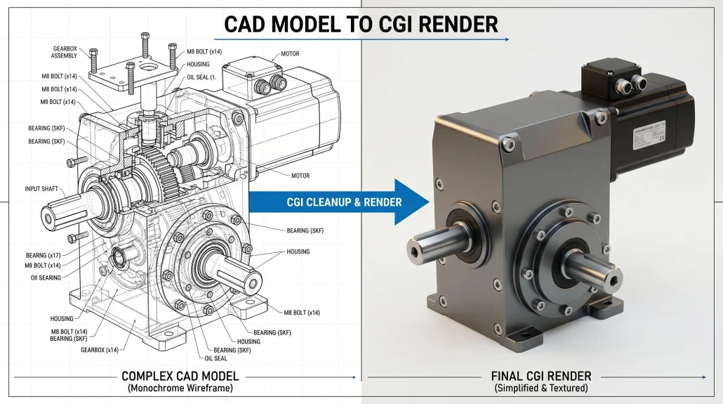 Diagram showing a complex engineering CAD model on the left and a render-ready cleaned-up version of the same product on the right