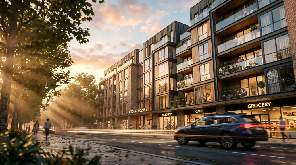Cinematic frame from an architectural 3D animation flythrough showing a modern mixed-use building at golden hour