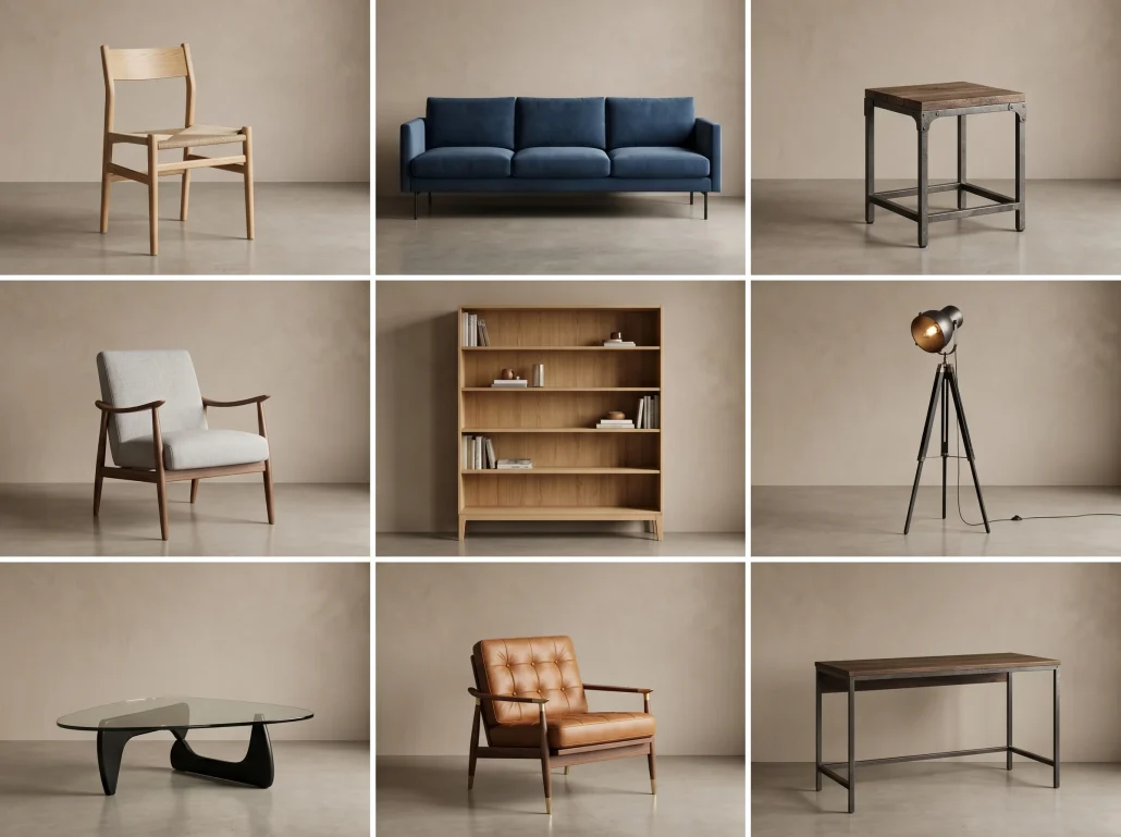 Grid of nine consistently lit 3D-rendered furniture pieces showing catalog-library consistency