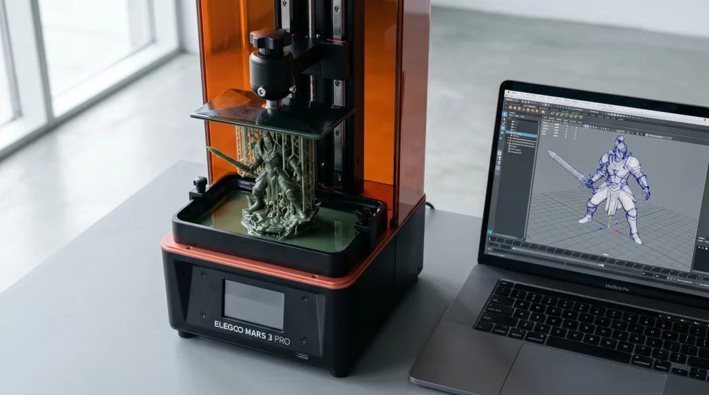 3D printer producing a figurine next to a laptop displaying the source 3D model wireframe