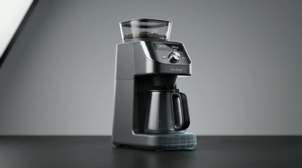 Photoreal 3D product visualization render of a consumer product on a seamless studio backdrop