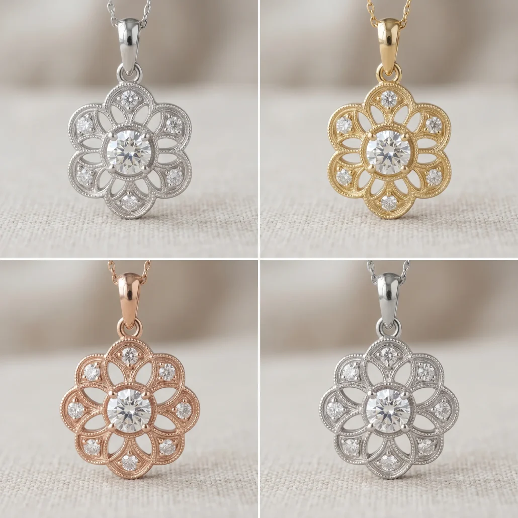 Same 3D pendant rendered in four different metal finishes for a jewellery collection