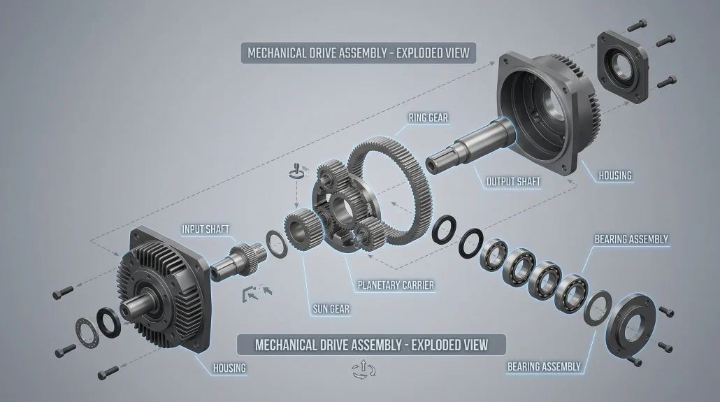 Exploded view 3D render of a mechanical product showing components separated for an explainer animation