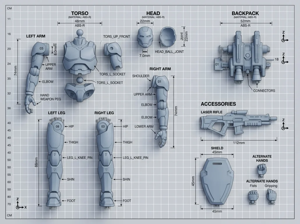 Diagram of an action figure broken into separate print-ready STL components with assembly labels