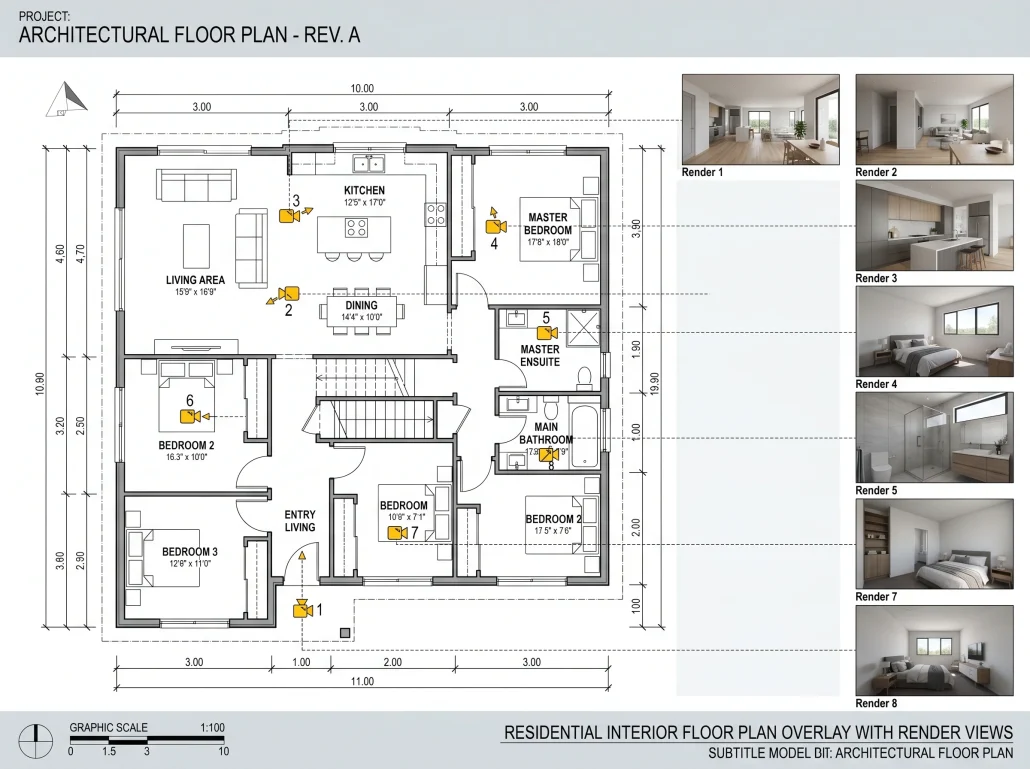 Annotated floor plan showing interior render camera positions linked to thumbnail visualizations