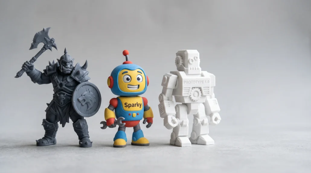 Three small 3D-printed character figures in different materials displayed on a neutral studio backdrop