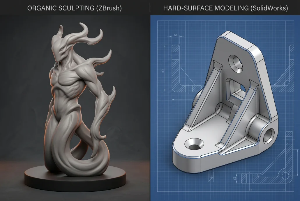 Comparison of organic ZBrush sculpt and technical SolidWorks CAD model used in 3D prototype design