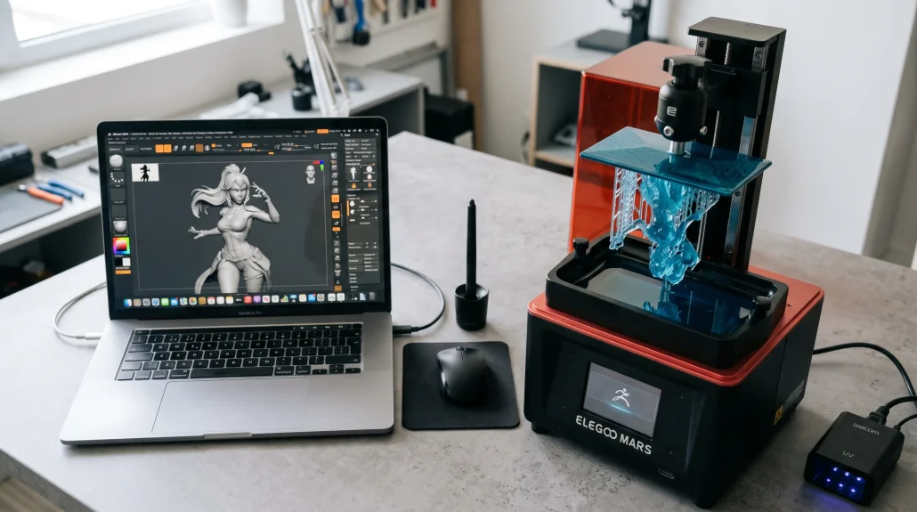 A 3D print modeler's workspace: laptop running ZBrush next to a resin 3D printer with a partially finished figurine