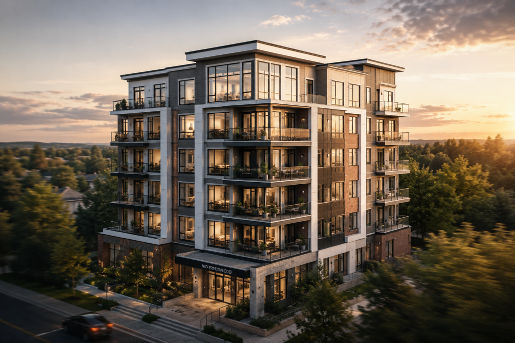Cinematic still from a 3D architectural animation flythrough of a contemporary mid-rise building at golden hour