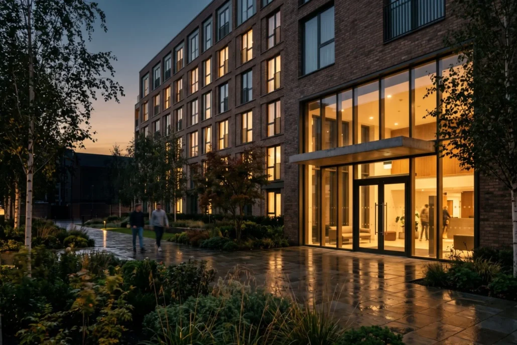 A hero frame for architectural animation: a brick apartment block at dusk, its double-height lobby glowing behind glass above wet, reflective paving.