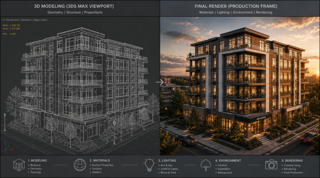 Diagram comparing wireframe and finished render stages of a 3D architectural animation pipeline.