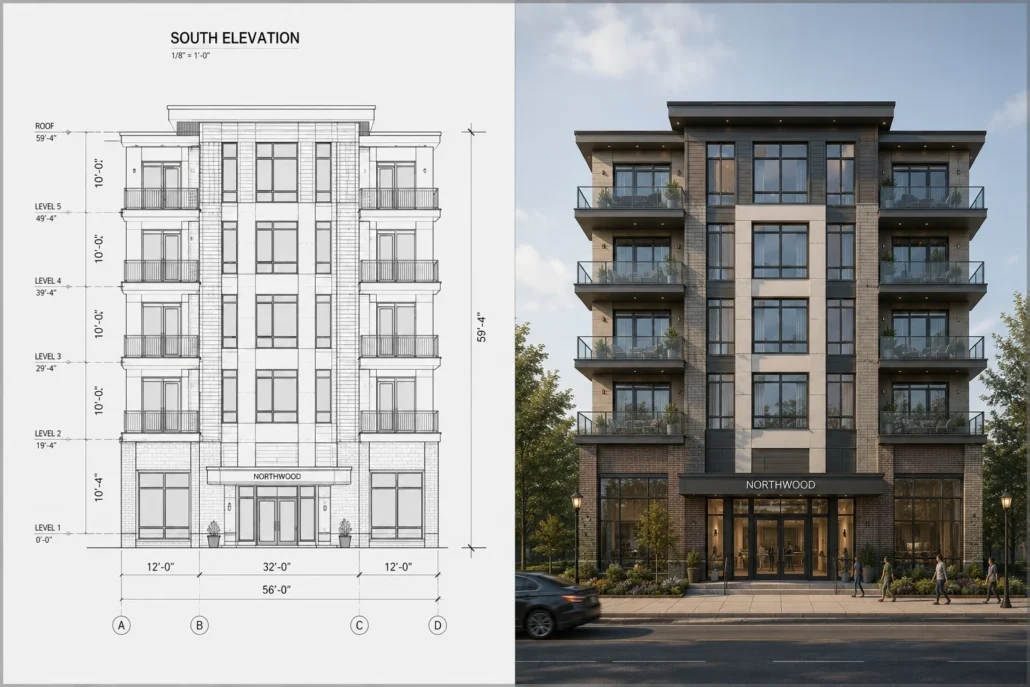 From documentation to animation: a dimensioned south elevation drawing beside the photoreal street-level render of the same apartment building.
